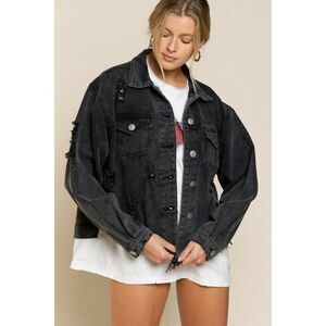 SALE! POL CLOTHING USA Black Destroyed Denim Jacket Relaxed Fit Star Embroidery